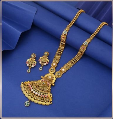 Divine Jewellery 92.5 Silver Gold Plated Long Necklace Set with Earrings – Antique Temple Fan Pendant Designer Meenakari
