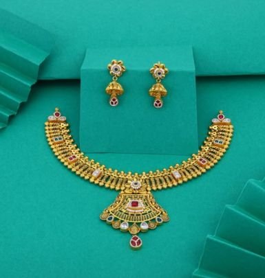 Divine Jewellery 92.5 Silver Gold Plated Choker Necklace Set with Earrings – Antique Temple Pendant Meenakari Design