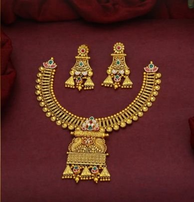 Divine Jewellery 92.5 Silver Gold Plated Choker Necklace Set with Earrings – Antique Temple Rectangle Pendant Meenakari Design