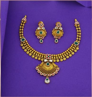 Divine Jewellery 92.5 Silver Gold Plated Choker Necklace Set with Earrings – Antique Floral Fan Pendant Meenakari Design