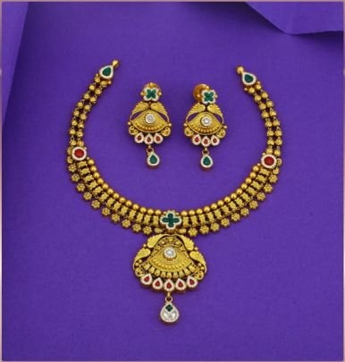 Divine Jewellery 92.5 Silver Gold Plated Choker Necklace Set with Earrings – Antique Floral Temple Pendant Meenakari Design
