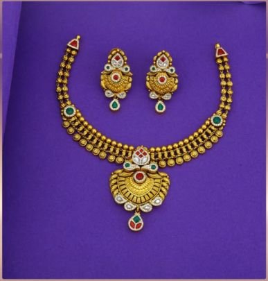 Divine Jewellery 92.5 Silver Gold Plated Choker Necklace Set with Earrings – Antique Fan Temple Pendant Meenakari Design
