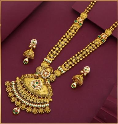 Divine Jewellery 92.5 Silver Gold Plated Antique Temple Necklace Set with Meenakari Pendant & Jhumka Earrings