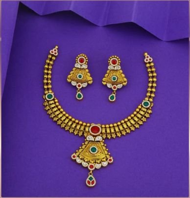 Divine Jewellery 92.5 Silver Gold Plated Antique Short Necklace Set with Meenakari Pendant & Matching Earrings