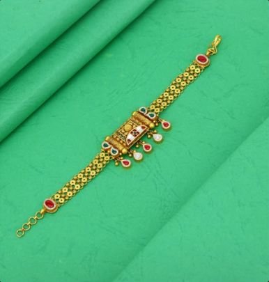 Divine Jewellery 92.5 Silver Gold Plated Antique Broad Meenakari Bracelet with Pearl Drop Charms