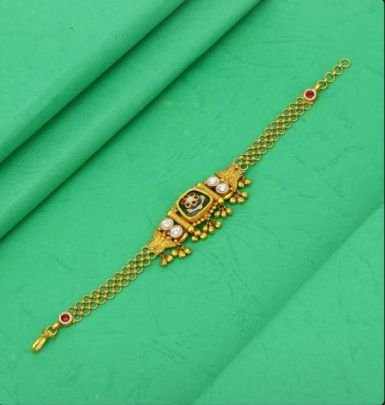 Divine Jewellery 92.5 Silver Gold Plated Antique Meenakari Bracelet with Center Motif & Hanging Beads