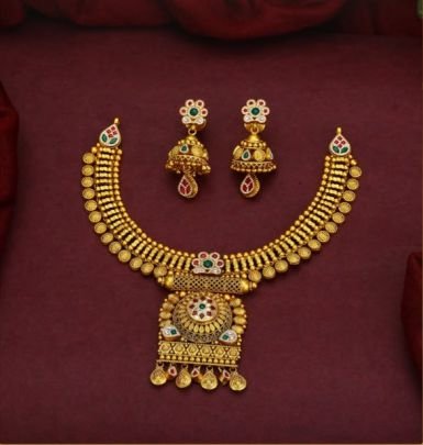 Divine Jewellery 92.5 Silver Gold Plated Antique Coin Bridal Necklace Set with Temple Pendant & Jhumka Earrings