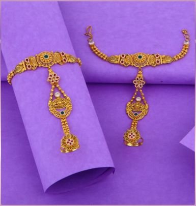 Divine Jewellery 92.5 Silver Gold Plated Antique Pocha Bracelet (Hand Ornament) with Meenakari Detailing
