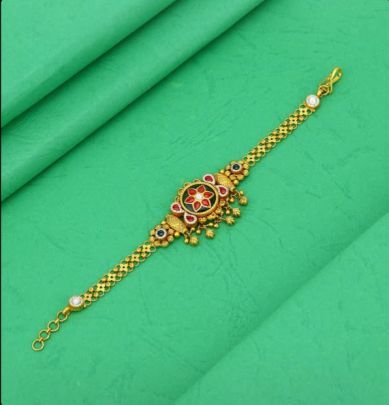 Divine Jewellery 92.5 Silver Gold Plated Antique Meenakari Pocha Bracelet with Center Floral Motif
