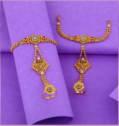 Divine Jewellery 92.5 Silver Gold Plated Antique Designer Pocha with Ring Chain & Meenakari Work