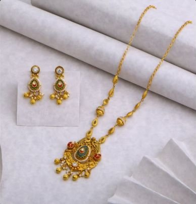 Divine Jewellery 92.5 Silver Gold Plated Lightweight Pendant Necklace Set with Meenakari Work & Drop Earrings