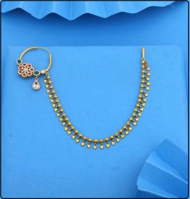 Divine Jewellery 92.5 Silver Gold Plated Floral Nose Ring with Chain (Nathdi) with Ghungroo Detailing