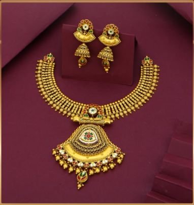 Divine Jewellery 92.5 Silver Gold Plated Temple Necklace Set with Earrings | Traditional Bridal Ethnic Jewellery Set for Women