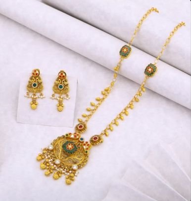 Divine Jewellery 92.5 Silver Gold Plated Long Necklace Set with Earrings | Traditional Ethnic Pendant Jewellery Set for Women