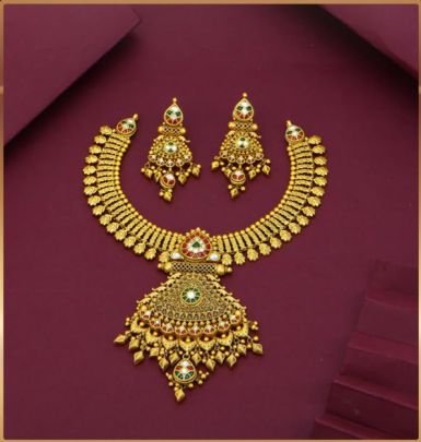 Divine Jewellery 92.5 Silver Gold Plated Traditional Necklace Set with Earrings | Bridal Ethnic Statement Jewellery Set for Women