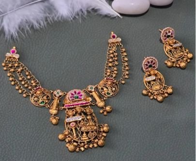 Divine Jewellery 92.5 Silver Gold Plated Antique Necklace Set with Earrings | Traditional Ethnic Jewellery Set for Women