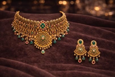 Divine Jewellery 92.5 Silver Gold Plated Choker Necklace Set with Earrings | Traditional Bridal Statement Jewellery Set for Women