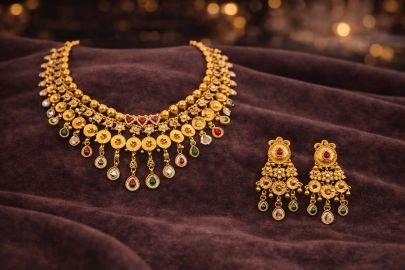 Divine Jewellery 92.5 Silver Gold Plated Traditional Choker Necklace Set with Earrings | Ethnic Coin Design Jewellery Set for Women