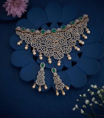 Divine Jewellery 92.5 Silver Gold Plated Green Stone Choker Necklace Set with Earrings | Designer Bridal Party Wear Jewellery Set for Women