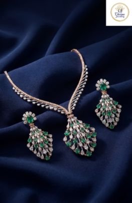 Divine Jewellery 92.5 Silver Gold Plated Green Drop Pendant Necklace Set with CZ Work | Elegant Designer Party Wear Jewellery