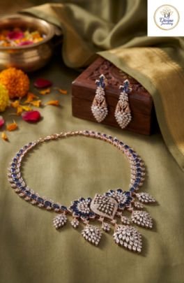 Divine Jewellery 92.5 Silver Gold Plated Blue Stone Statement Necklace Set with CZ Work | Premium Designer Party & Bridal Jewellery