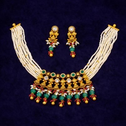 Divine Jewellery 92.5 Silver Gold Plated Multi-Layer Pearl Choker Necklace Set with Temple Jhumka Drops & Green Beads