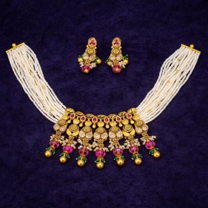 Divine Jewellery 92.5 Silver Gold Plated Multi-Layer Pearl Choker Necklace Set with Kundan Polki, Ruby Stones & Temple Drops