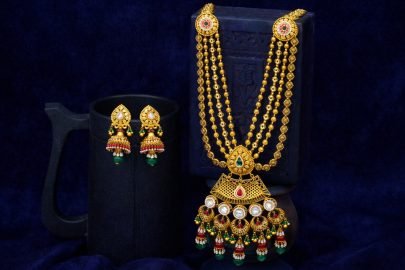 Divine Jewellery 92.5 Silver Gold Plated Long Temple Necklace Set with Multi-Layer Chains, Kundan Polki Pendant & Jhumka Earrings