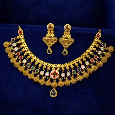 Divine Jewellery 92.5 Silver Gold Plated Temple Choker Necklace Set with Multi-Color Stones, Filigree Drops & Statement Earrings