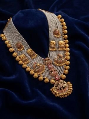 Divine Jewellery 92.5 Silver Gold Plated Temple Choker Necklace Set with Multi-Layer Beads, Lakshmi Motifs & Traditional Earrings