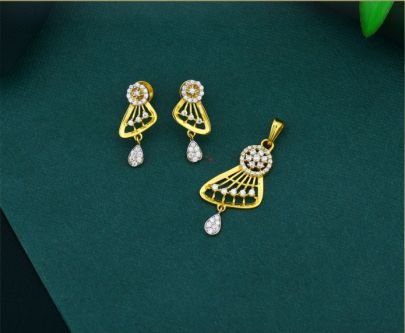 Divine Jewellery 92.5 Silver Gold Plated Pendant Set with Fan Design, CZ Stones & Drop Earrings