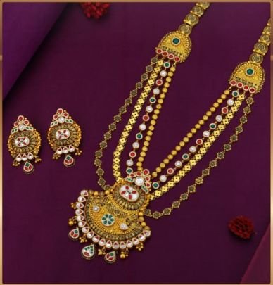 Divine Jewellery 92.5 Silver Gold Plated Multi-Layer Temple Long Necklace Set with Antique Pendant, Kundan Stones & Designer Earrings