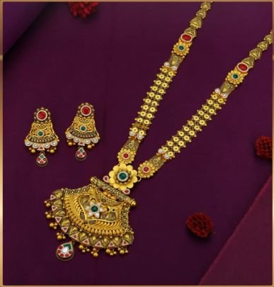Divine Jewellery 92.5 Silver Gold Plated Temple Long Necklace Set with Floral Antique Pendant, Kundan Stones & Designer Earrings
