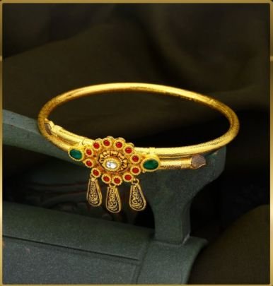 Divine Jewellery 92.5 Silver Gold Plated Temple Kada Bracelet with Floral Motif, Kundan Stones & Antique Drop Detailing