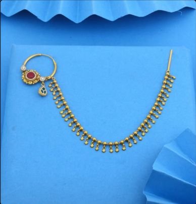 Divine Jewellery 92.5 Silver Gold Plated Bridal Nath with Chain, Red Stone Nose Ring with Ghungroo Chain Design