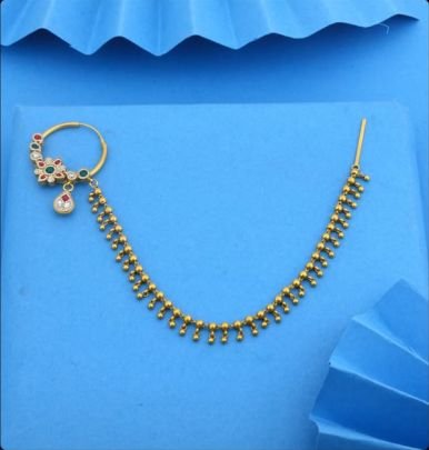 Divine Jewellery 92.5 Silver Gold Plated Bridal Nath with Chain, Multi Color Kundan Nose Ring with Ghungroo Chain