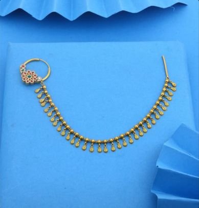 Divine Jewellery 92.5 Silver Gold Plated Traditional Nath with Chain, Floral Kundan Nose Ring with Drop Chain Design