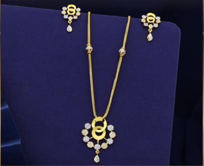 Divine Jewellery 92.5 Silver Gold Plated Pendant Set with American Diamond Stones, Elegant Circular Design Necklace with Earrings