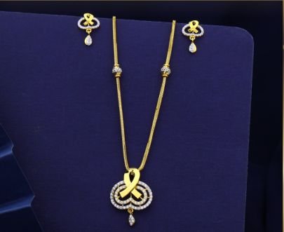 Divine Jewellery 92.5 Silver Gold Plated Pendant Set with American Diamond Stones, Ribbon Design Necklace with Matching Earrings