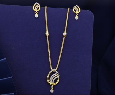 Divine Jewellery 92.5 Silver Gold Plated Pendant Set with American Diamond Stones, Leaf Design Necklace with Matching Earrings