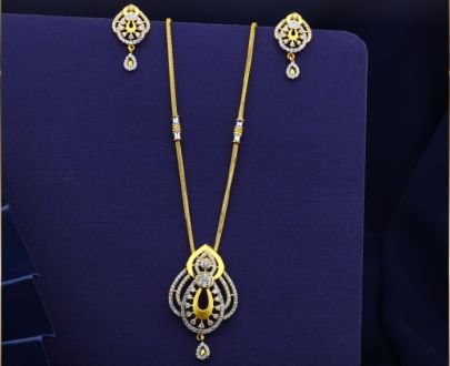 Divine Jewellery 92.5 Silver Gold Plated Pendant Set with American Diamond Stones, Designer Drop Pattern Necklace with Matching Earrings