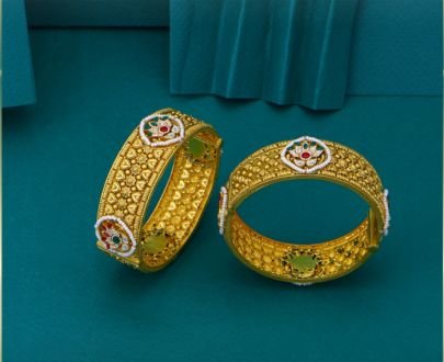 Divine Jewellery 92.5 Silver Gold Plated Temple Bangle Set, Antique Floral Kada Pair with Kundan Stone Detailing