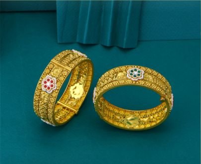 Divine Jewellery 92.5 Silver Gold Plated Temple Bangle Set, Antique Textured Kada Pair with Floral Kundan Motif