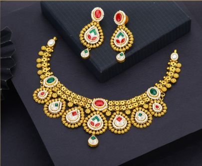 Divine Jewellery 92.5 Silver Gold Plated Temple Necklace Set with Floral Motifs, Kundan Stones & Statement Earrings
