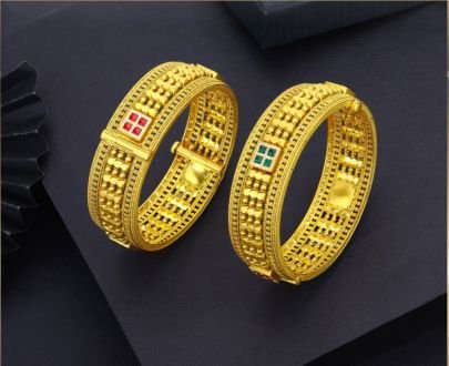 Divine Jewellery 92.5 Silver Gold Plated Temple Bangle Set, Antique Textured Kada Pair with Square Kundan Motif