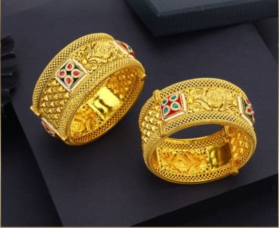 Divine Jewellery 92.5 Silver Gold Plated Antique Temple Kada Bangles with Kundan Work & Traditional Carving (Set of 2)