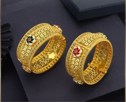 Divine Jewellery 92.5 Silver Gold Plated Floral Temple Kada Bangles with Kundan Stone Work & Antique Finish (Set of 2)