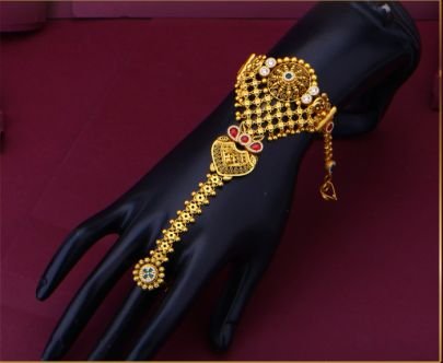 Divine Jewellery 92.5 Silver Gold Plated Temple Pocha (Haath Pocha) with Antique Filigree Design & Kundan Stones