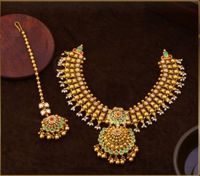 Divine Jewellery 92.5 Silver Gold Plated Temple Choker Necklace Set with Kundan Stones, Antique Finish & Matching Maang Tikka