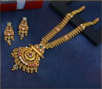 Divine Jewellery 92.5 Silver Gold Plated Temple Long Necklace Set with Antique Round Pendant, Coin Detailing & Kundan Stones